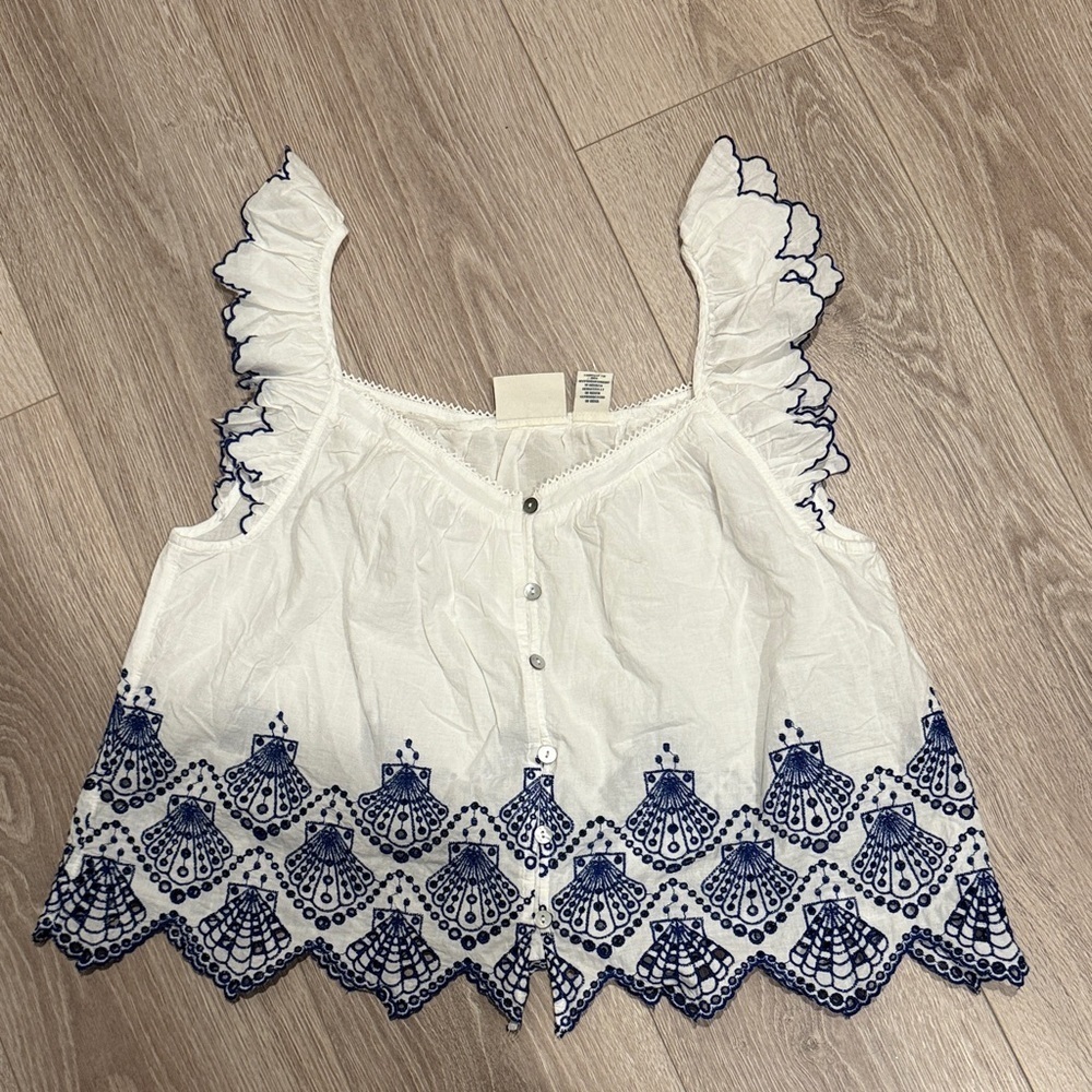 Calypso St Barth White Blue Seashell Embroidered Sleepwear Top Small 100% Cotton